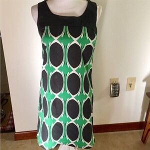 Vintage DBY Green and Black Geometric Abstract Patterned Sleeveless Sheath Dress